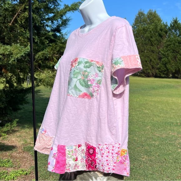 Upcycled Reworked Patchwork Distressed Cotton Short Sleeve T-Shirt Top size XL - Picture 3 of 9